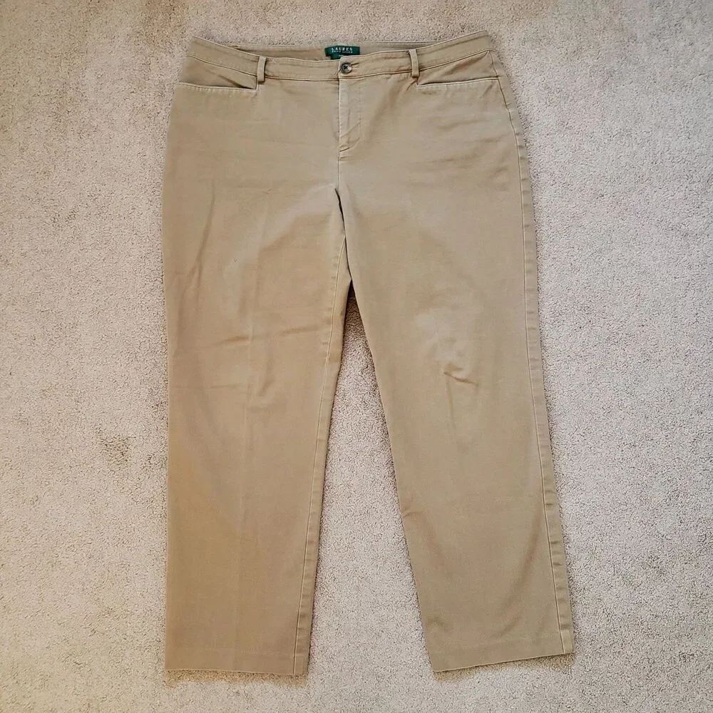 Lauren Ralph Lauren Catlin Chino Pants Tan Straight Stretch Tapered Size 14W
